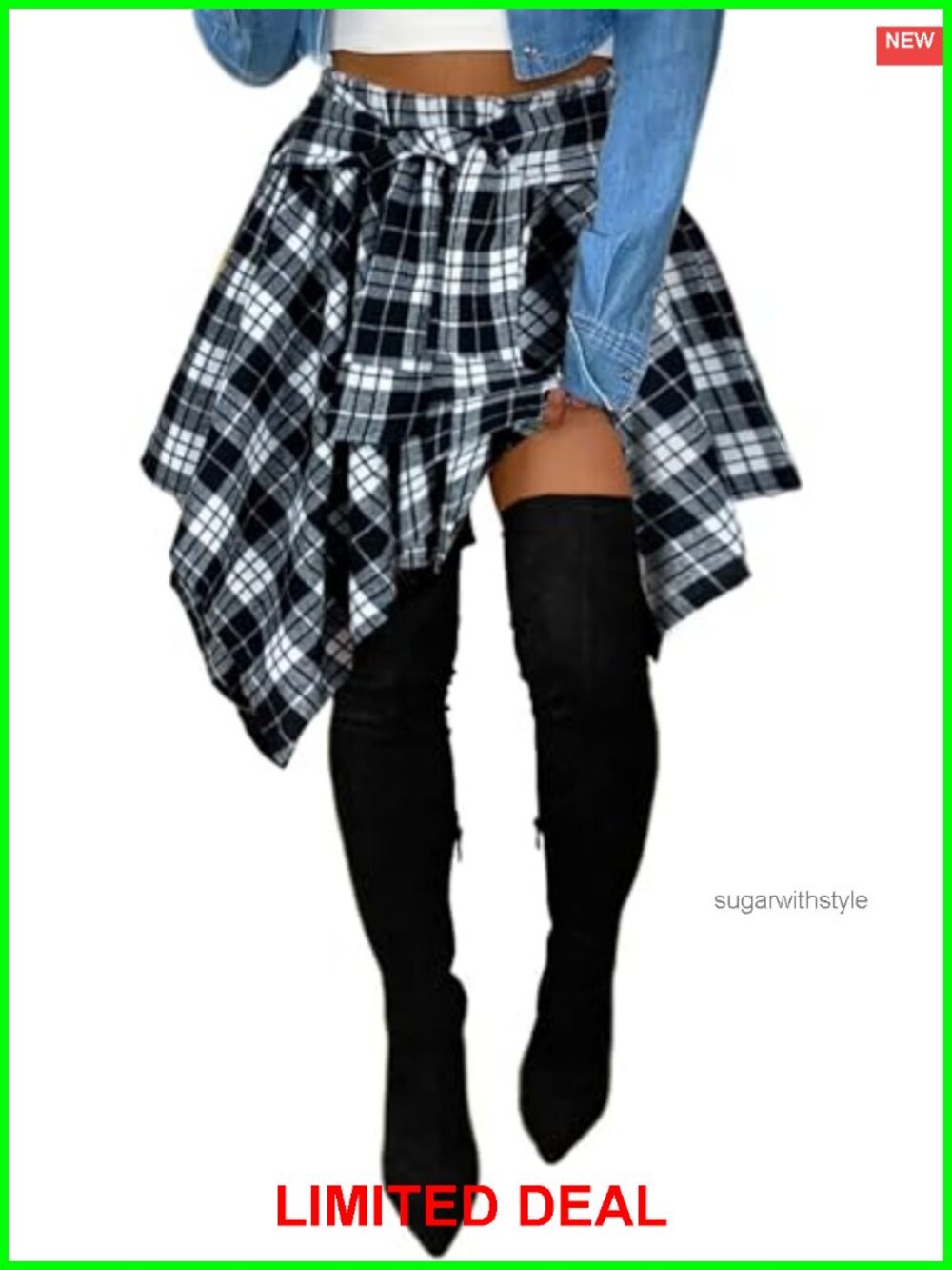 Plaid Mini Skirt Elastic High Waist Knot Front Pleated